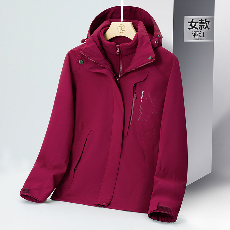 渔人船长大码情侣款冲锋衣男女三合一防风保暖可拆卸拼色两件套登山服外套高清大图