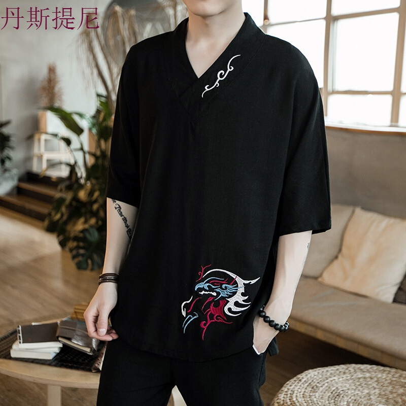 刺绣亚麻衬衫男宽松大码男装中国风棉麻衬衣短袖胖子加肥加大薄款