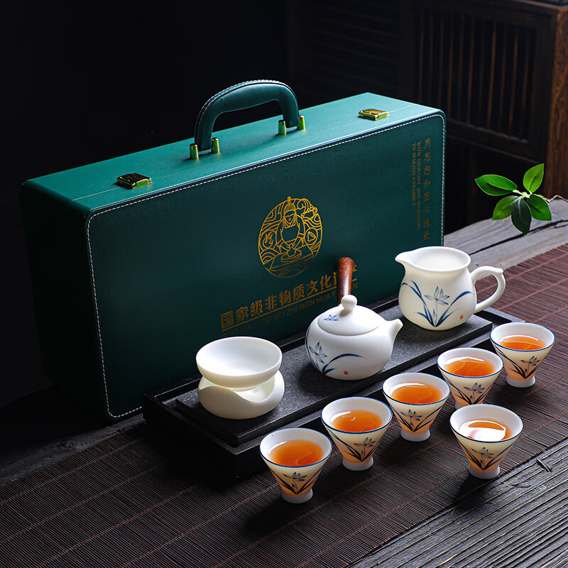拓牌 10头素烧手绘羊脂玉瓷 侧把壶兰花 轻奢茶具套装 茶壶/茶杯整套茶具+彩盒包装