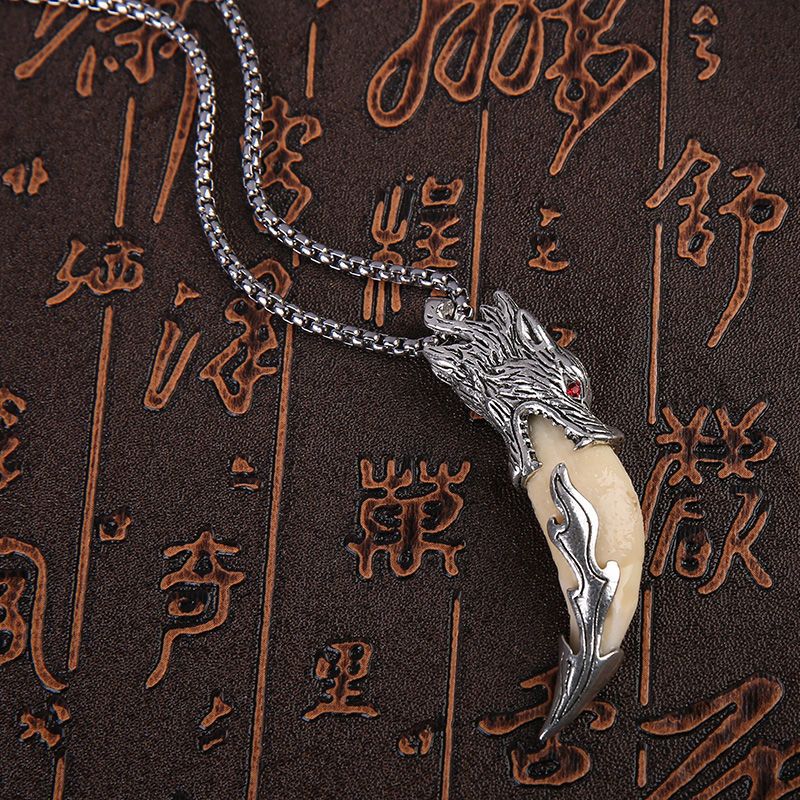 6森林狼带钛钢链棉绳狼牙项链男真黑狗牙吊坠ins时尚个性毛衣链情侣女