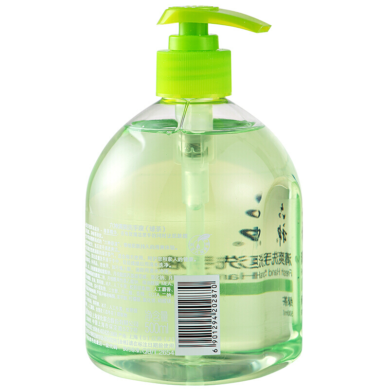 六神洗手液清爽绿茶500ml 温和洁净儿童成人通用按压泡漠植物家用有效易冲洗清新舒爽 500ml