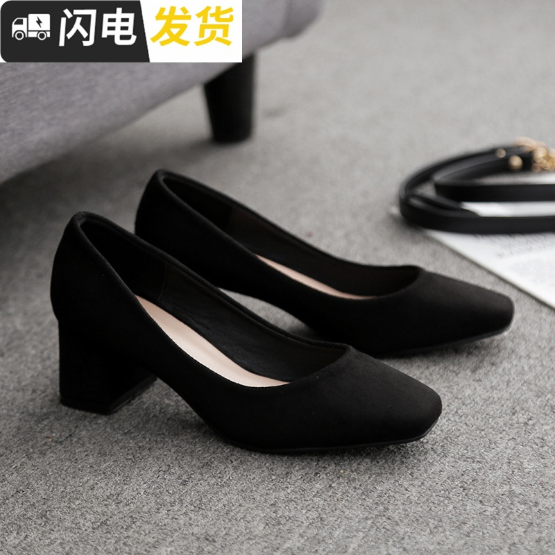 方头单鞋小清新少女高跟鞋粗跟仙女的鞋晚晚鞋中跟复古黑色工作鞋启如休闲鞋