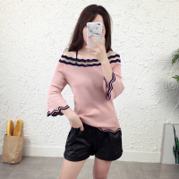 2018圆领针织衫女秋新款韩版拼色喇叭袖修身显瘦百搭打底毛织上衣