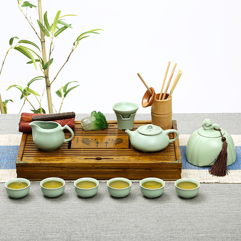 常生源 功夫茶具套装仿宋汝窑开片柯木实木茶盘茶壶茶杯茶具茶叶罐整套 双鱼如意汝窑套装