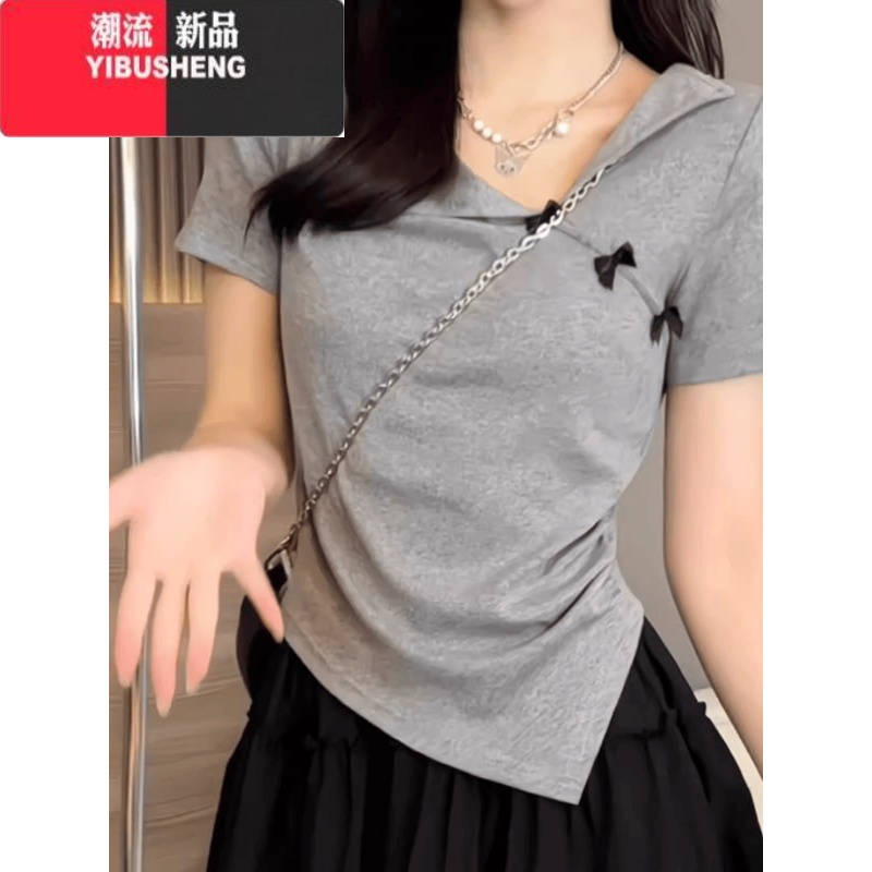 YIBUSHENG不规则翻领正肩短袖T恤女2024季大码胖mm显瘦小众收腰甜辣上衣 灰色衣服女2024新款爆款/夏季甜美上衣/美式甜辣上衣/甜辣 M建议100斤以内