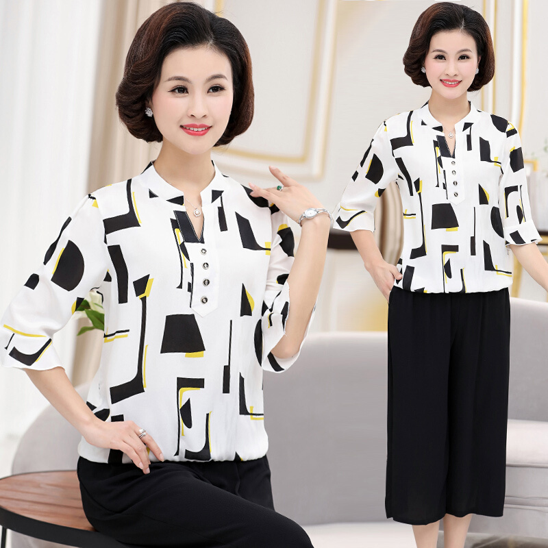 妈妈夏装套装女30-40岁中年女装雪纺衫50岁两件套2018夏气质衣服白色