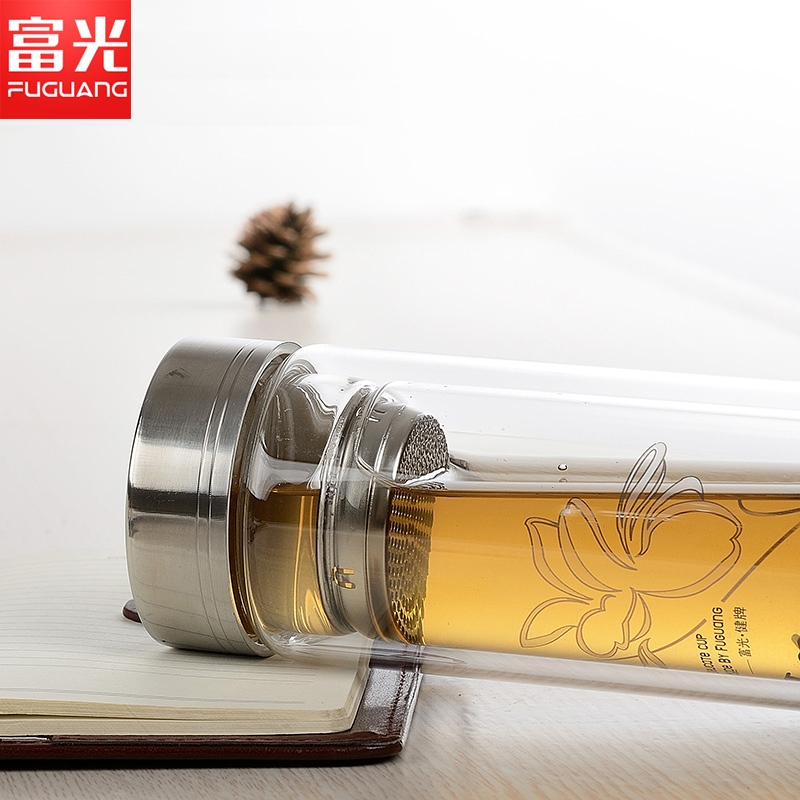 富光(FUGUANG)玻璃杯703-280/320 双层透明带滤网玻璃杯泡茶杯隔热带盖 水杯子商务杯