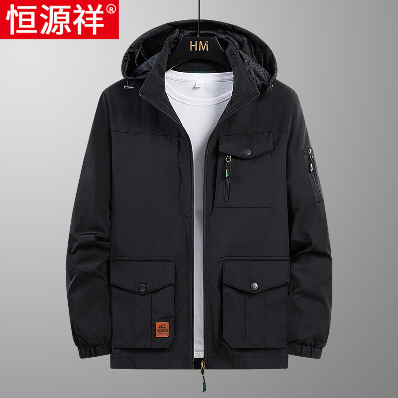 恒源祥冲锋衣外套男春秋新款户外运动服风衣防水工装男士夹克连帽 B款-黑色 170/M体重115斤及以下
