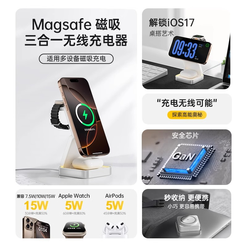W&P 折叠磁吸三合一无线充电器 CW90 白色高清大图