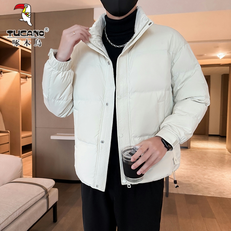 啄木鸟羽绒服男士冬季潮流纯色立领休闲百搭轻薄保暖白鸭绒外套男高清大图