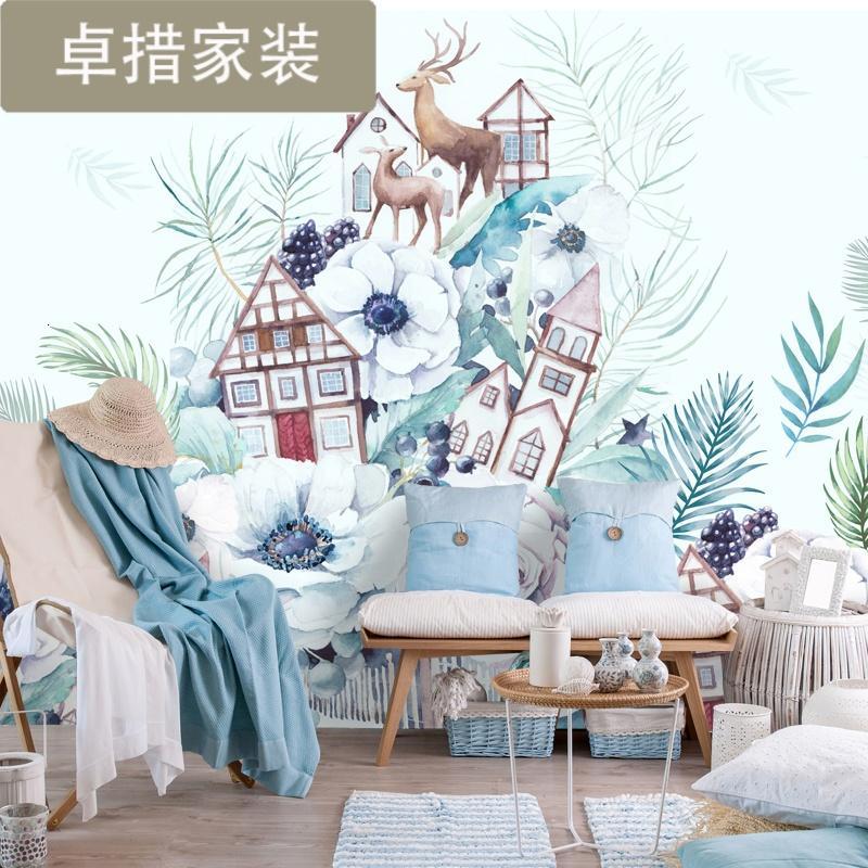 定制北欧现代创意壁纸客厅卧室无缝墙布花卉麋鹿电视背景墙纸壁画壹德壹