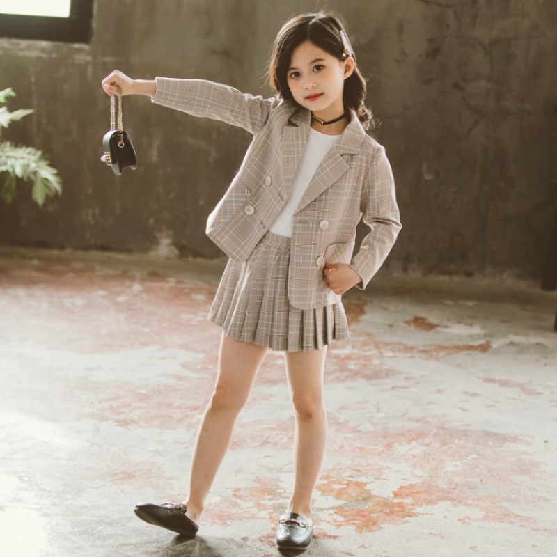 新品直营儿童套装女童春装洋气女孩小西装春秋格子百褶裙套裙一件代货