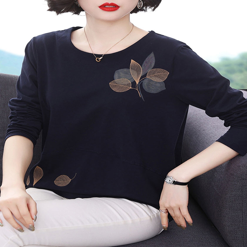 棉质长袖t恤女 宽松上衣2022新款中老年洋气秋衣外穿妈妈装打底衫 莎丞