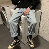 男士牛仔裤直筒宽松港风潮牌休闲百搭印花裤子秋冬韩版潮流九分裤 复古纯色 3XL 155-175斤