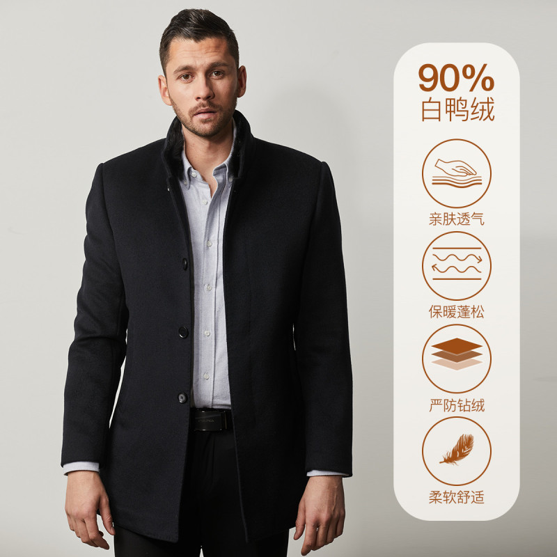 Nautica Tailored秋冬新品男士中长款水貂毛领白鸭绒保暖毛呢大衣