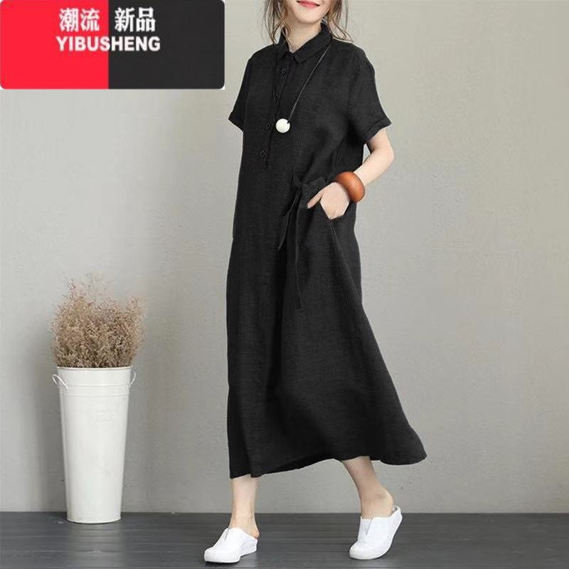 YIBUSHENG洋气宽松棉麻短袖连衣裙女文艺大码减龄显瘦中长款亚麻衬衫长裙