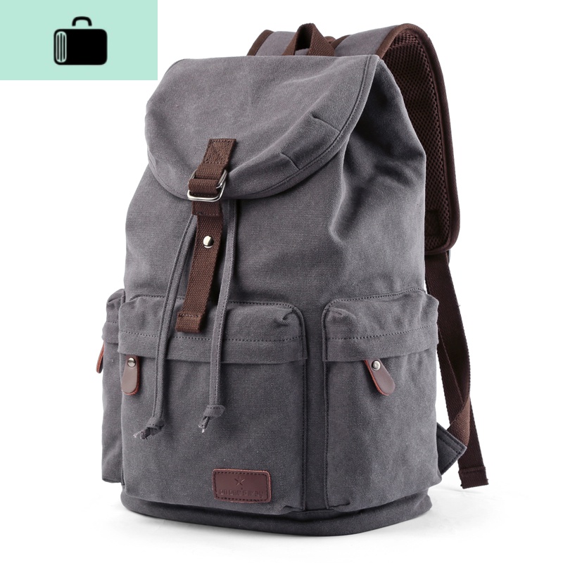 复古帆布双肩包男士休闲背包时尚潮流学生书包男简约电脑包旅行包NEW LAKE 蓝黑色