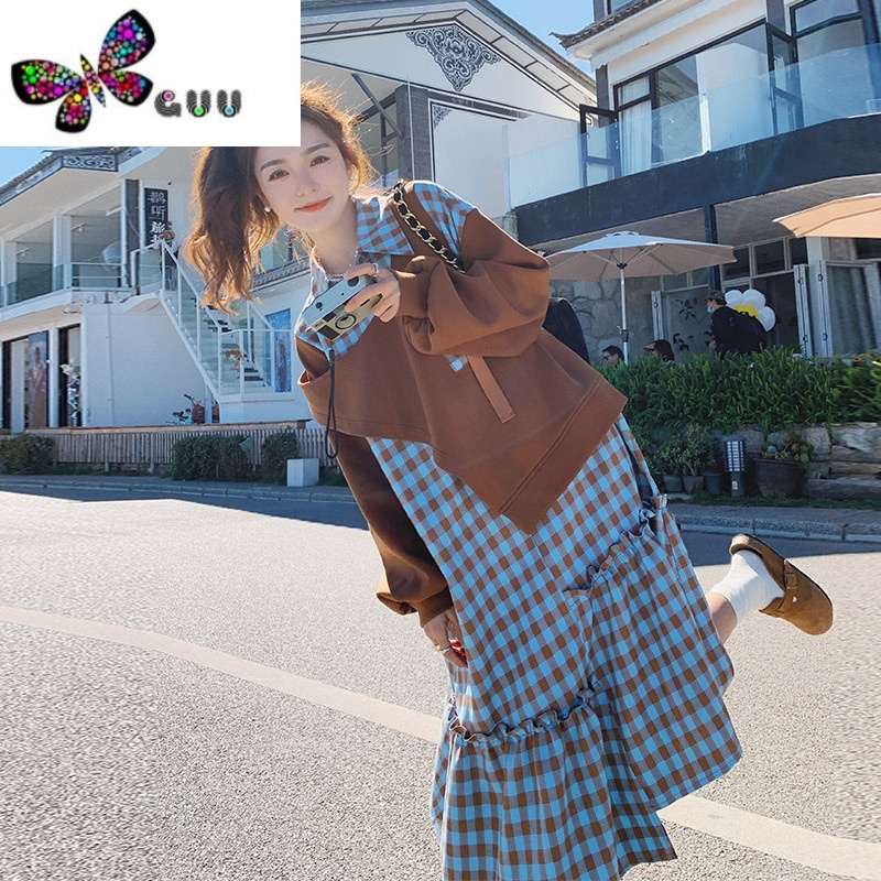 语娄设计感假两件格子卫衣裙女长款2023春新款韩版宽松别致格子连衣裙