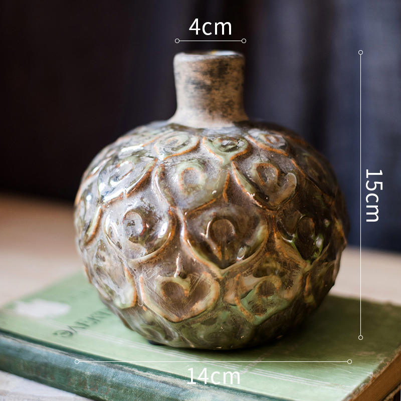 家柏饰(CORATED)蓟莲瓶 陶瓷做旧 浮小口花瓶 复古花器装饰摆件民族风高清大图