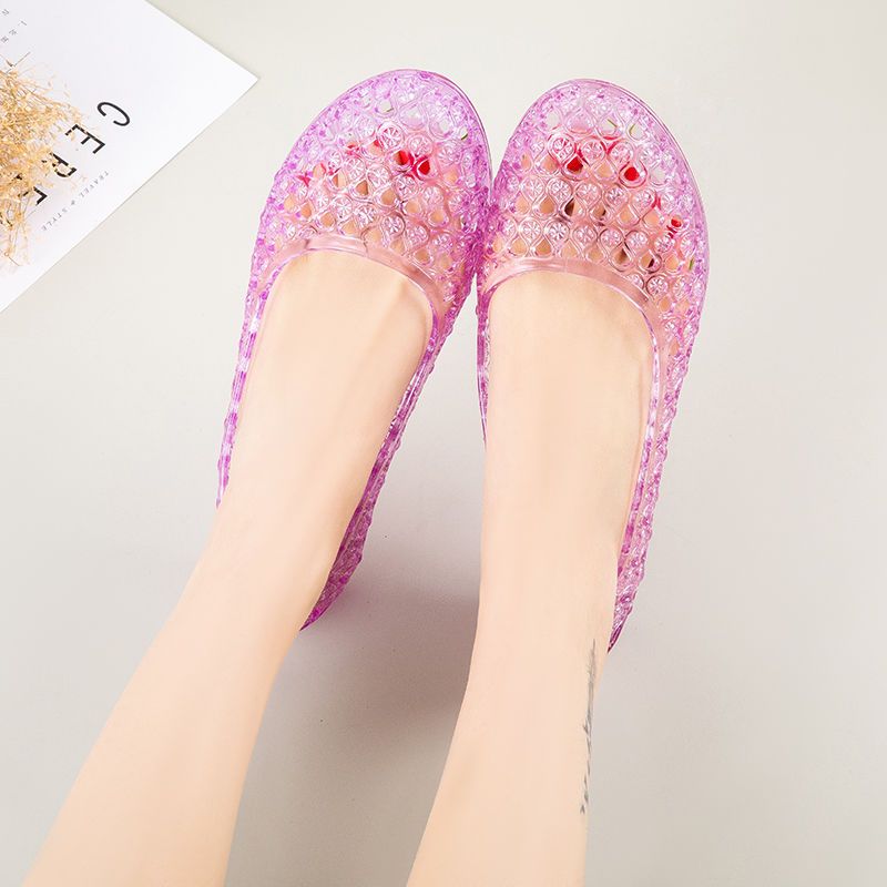 新款水晶包头凉拖鞋女鸟巢透气软底坡跟拖鞋透明防滑复古外穿拖鞋水晶
