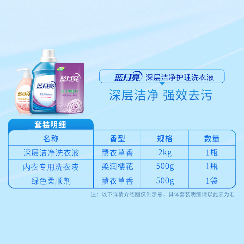 蓝月亮 洗护组合 三件套洁净洗衣液2kg+柔润樱花内衣专用洗衣液500g+薰衣草绿色柔顺剂袋装500g高清大图