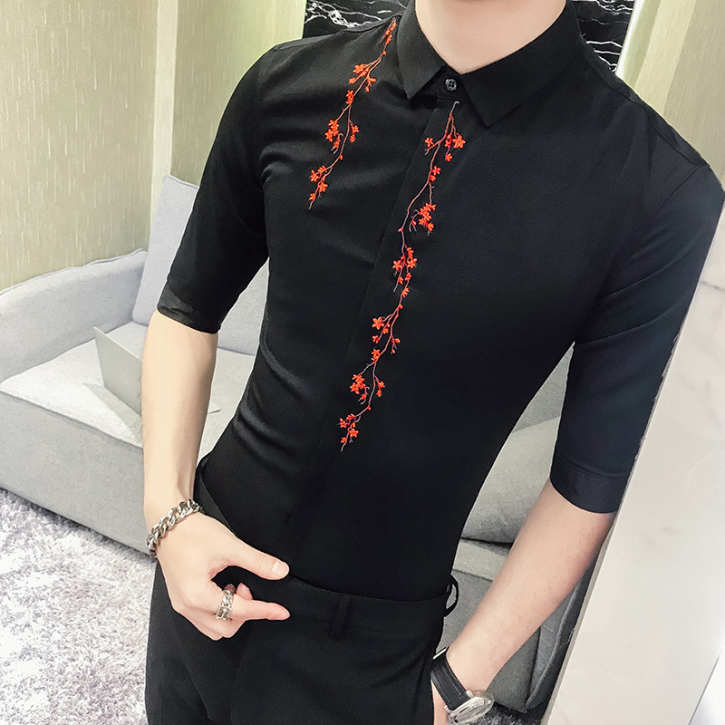 2018夏款新款个性中国风桃花刺绣衬衣五分袖夜店型男工作服男衬衫