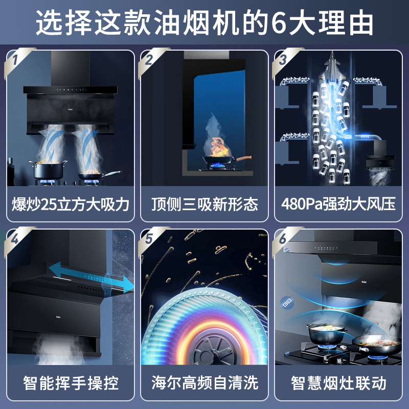 [烟灶联动]海尔(Haier)油烟机25m³飓风大风量顶侧三吸5.2KW燃气灶天然气套装EC719UD+Q2BE58