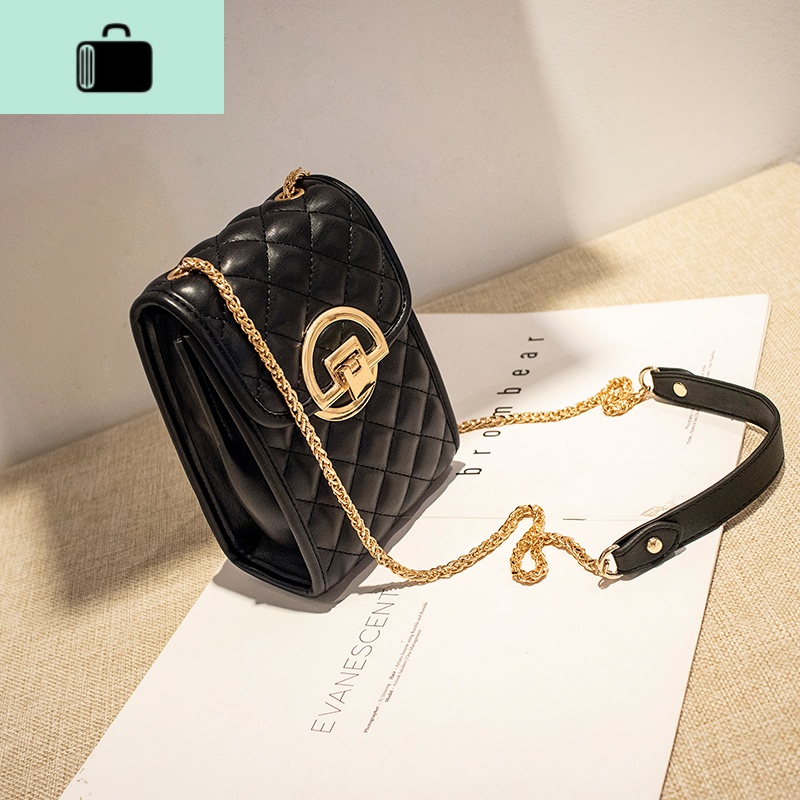 真皮手机包菱格链条小包包女零钱袋斜挎包竖款迷你女包2020新款NEWLAKE 黑款式二Y015