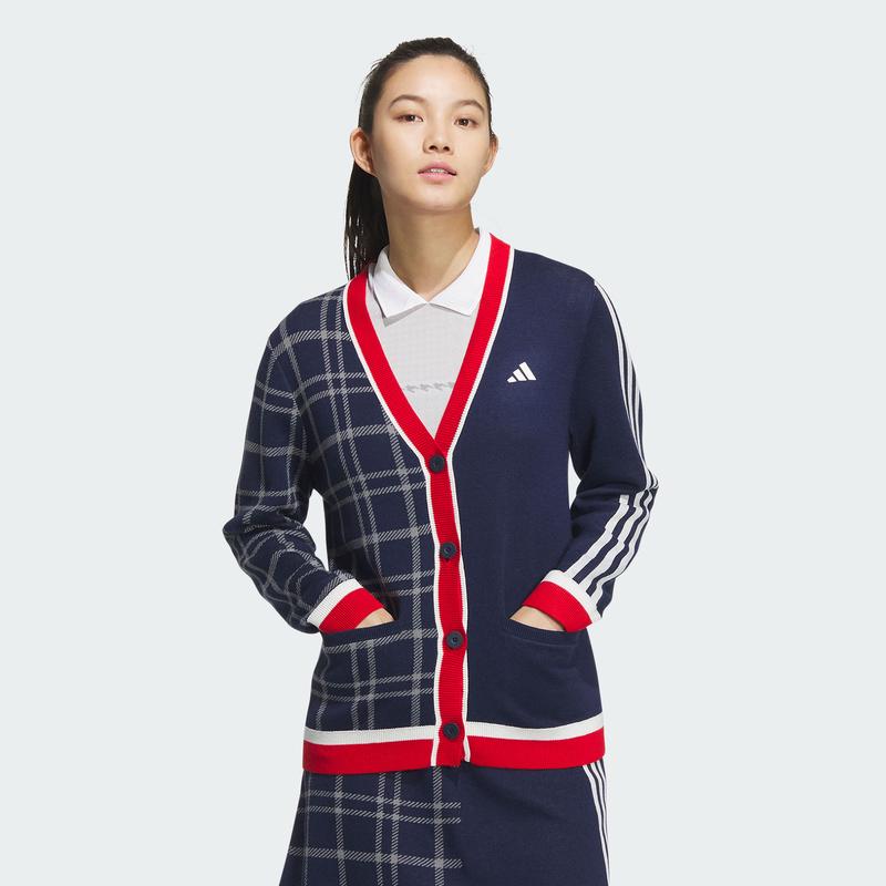 阿迪达斯(adidas)女士运动夹克经典三道杠格子针织开衫时尚保暖环高清大图