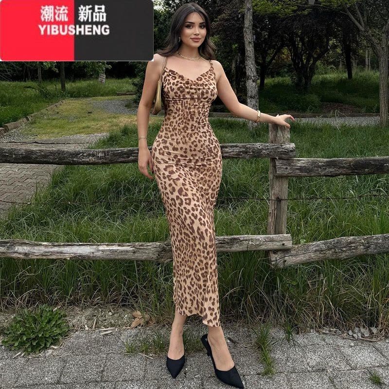 YIBUSHENGgusty欧美ins时尚豹纹印花荡领吊带包臀裙性感御姐开叉长裙连衣裙图片