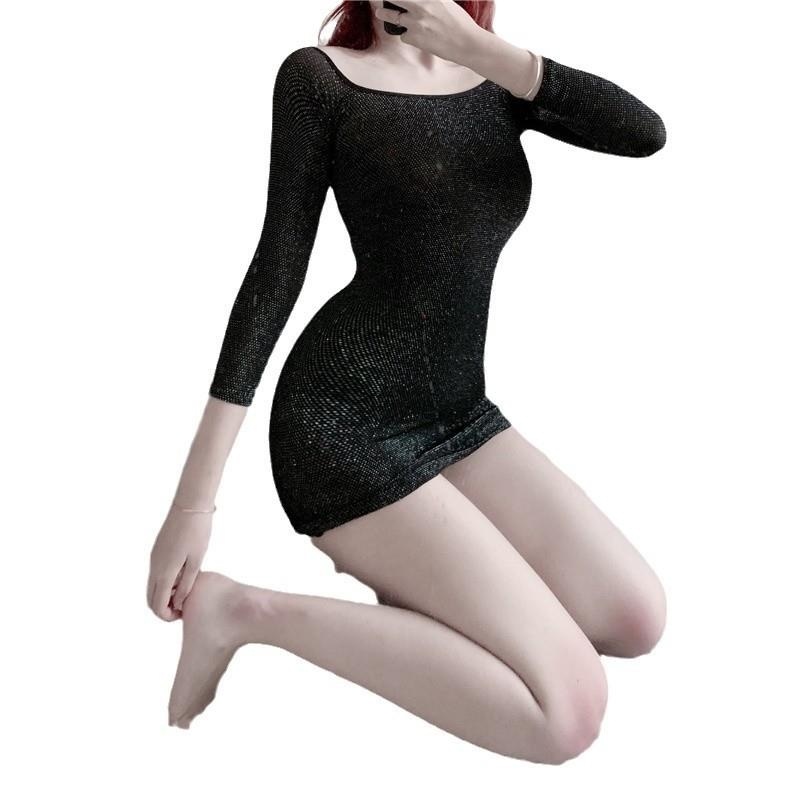 长夜漫漫情趣内衣性感弹力亮丝面料风骚夜店裸肩短裙一件代发1077高清大图