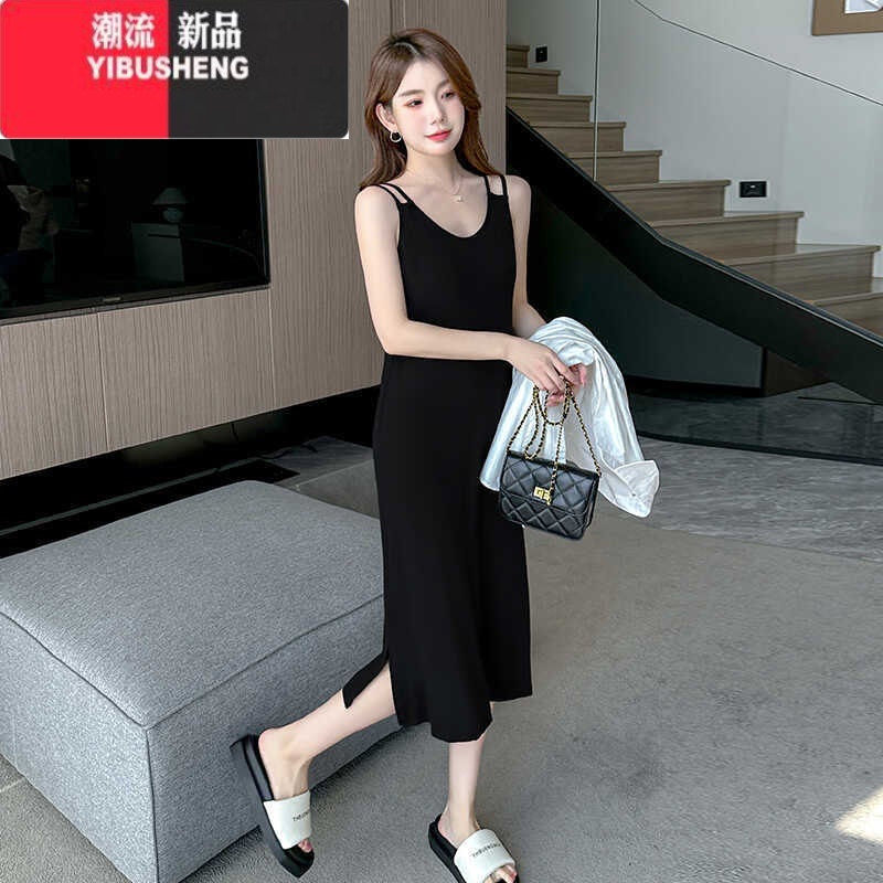 YIBUSHENG时尚黑色连衣裙女2024季新款修身显瘦遮肉吊带裙内搭打底长裙子 黑色 M
