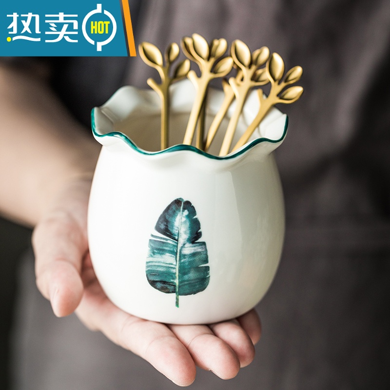 敬平水果叉套装创意可爱不锈钢水果叉子ins北欧点心叉清新小叉子果签 鼓型尤加利+4树叶叉2勺高清大图