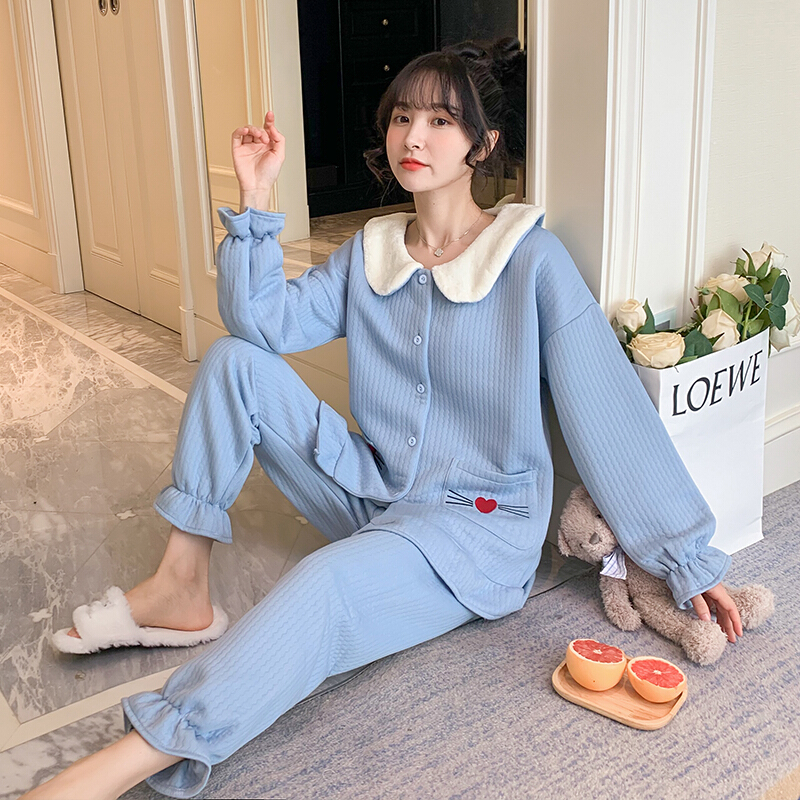 波迷娜(BOMINA)大码睡衣女200斤款季2021新款加厚夹层长袖睡衣女学院风可爱宽松服两件套装