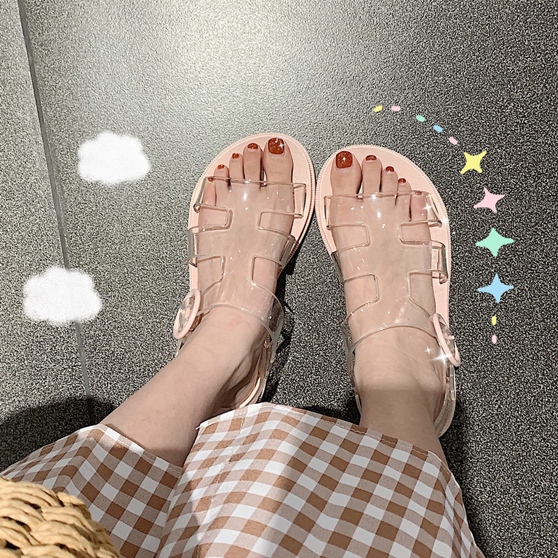 韩版时尚ins潮少女心可爱凉鞋女学生透明平底罗马鞋夏