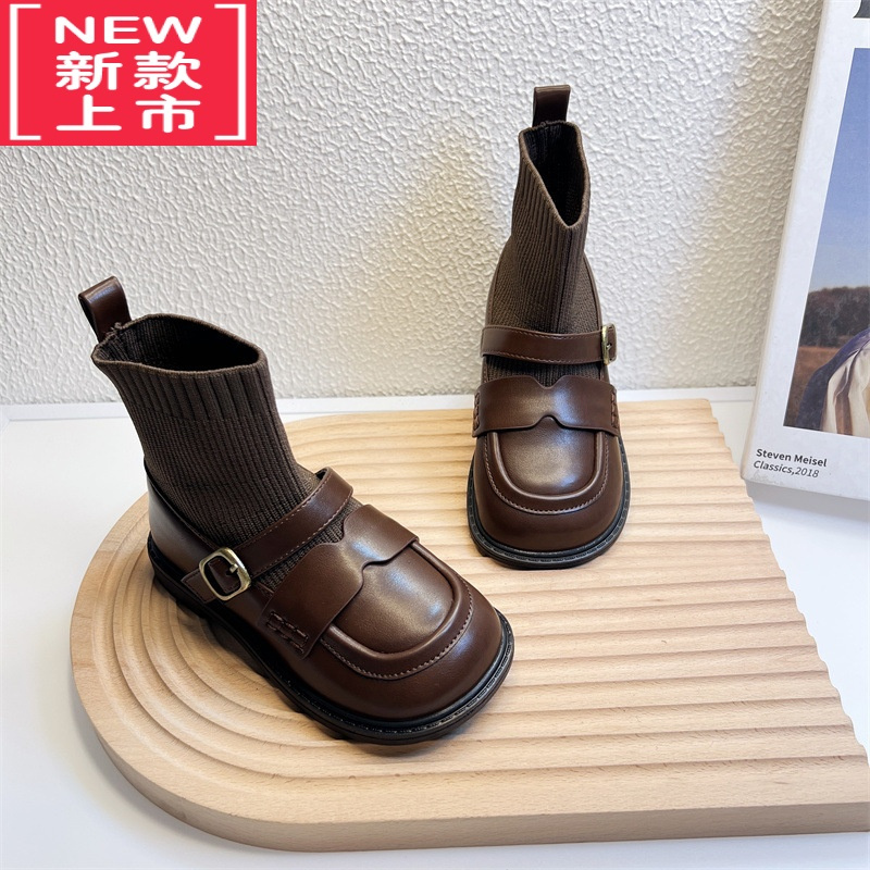 可莉允女童靴子英伦风皮靴2022秋冬短靴时尚小女孩弹力袜靴儿童袜子靴女