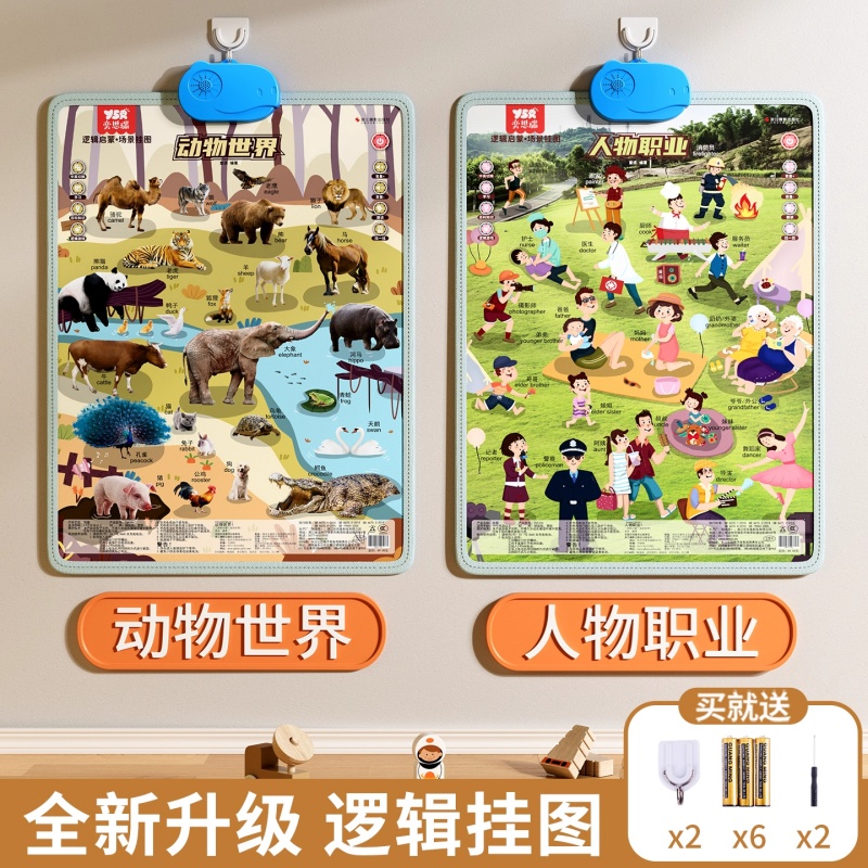 婴儿消耗体力玩具6个月以上宝宝早教有声挂图磨耳朵女孩8益智礼物 2套【动物+人物】