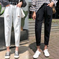 2021秋冬新款女士牛仔裤女时尚破洞宽松舒适直筒牛仔裤女士休闲裤高腰九分裤轻奢世家