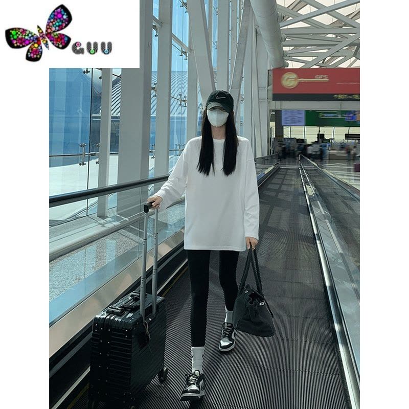 语娄 白色长袖t恤女韩版宽松百搭打底衫内搭叠穿正肩上衣图片