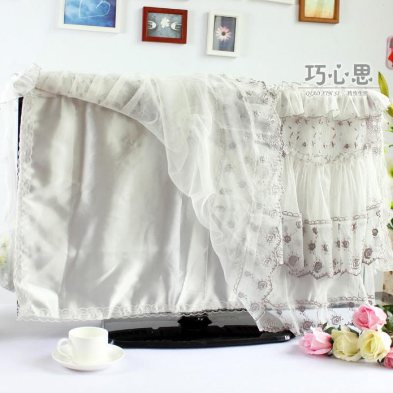 家柏饰(CORATED)欧式挂式液晶电视机罩防尘罩套电视套蕾丝盖布55寸现代简约 浪漫花开灰白色 60英寸高清大图
