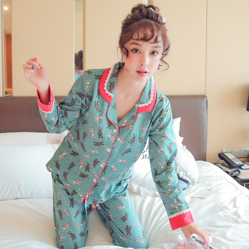 韩版长袖睡衣女春秋季全棉开衫家居服女冬天全棉加大码休闲套装夏8788枫叶