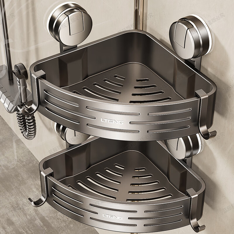 丽佳邦强力吸盘挂杆免打孔收纳架[奶白色]双层三角篮(不带杆)高清大图