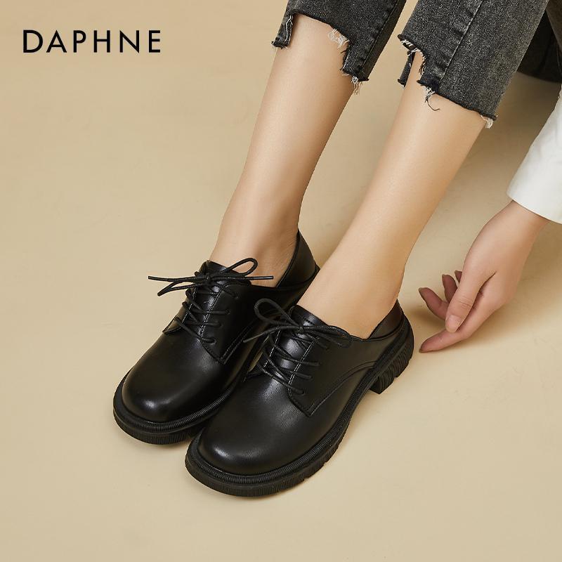 达芙妮复古小皮鞋女2022年新款秋冬粗跟厚底黑色系带英伦风乐福鞋参数