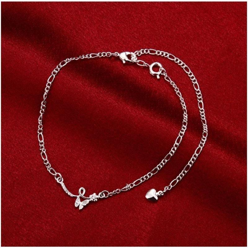 A020 Silver Anklet 气质女脚链镀925纯银饰品防过敏可爱蝴蝶结女送女朋友七夕情人节礼物