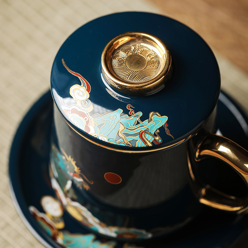 領藝 国潮风陶瓷茶水分离茶杯大容量办公室水杯带盖过滤马克杯