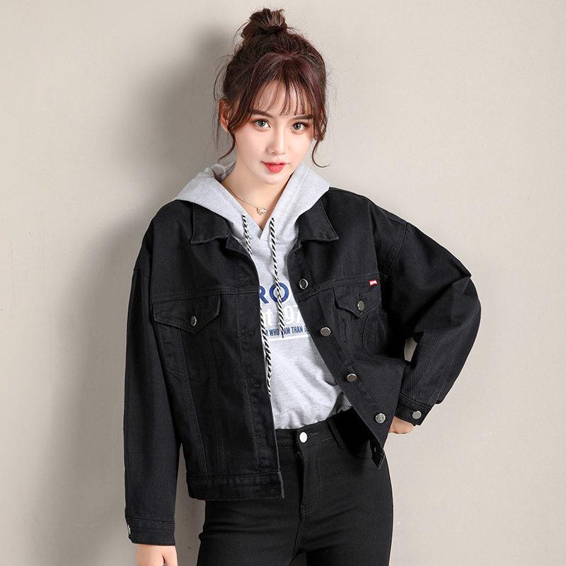 SH苼荟黑色牛仔外套女宽松2019春季新款网红bf韩版薄款上衣长袖短牛仔衣shsy066