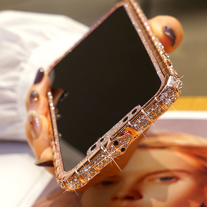 适用苹果13手机壳带钻边框iPhone12PRoMax金属镶钻11水钻保护套女 [钻石银+闪膜]蛇扣 iPhone 12