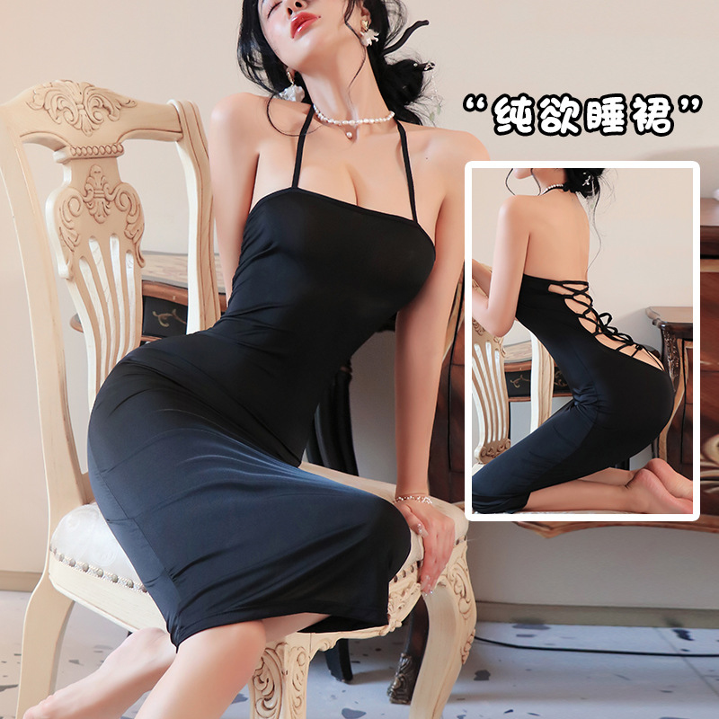 长夜漫漫情趣内衣性感诱惑长裙挂脖系带睡衣火辣夜店制服诱惑1121 黑色 均码(80-130斤)