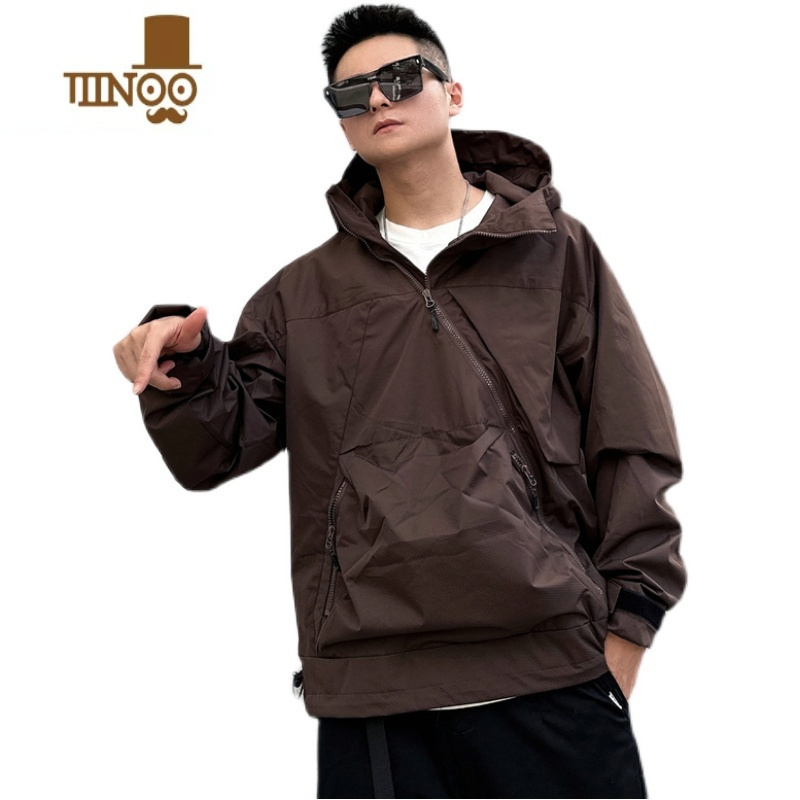 yanxu日系户外防水多口袋青年工装连帽夹克男士秋季休闲潮流冲锋衣