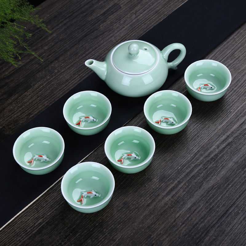 青瓷锦鲤鱼茶具七件套 XTL286 (一壶六杯)家居功夫茶具(套)